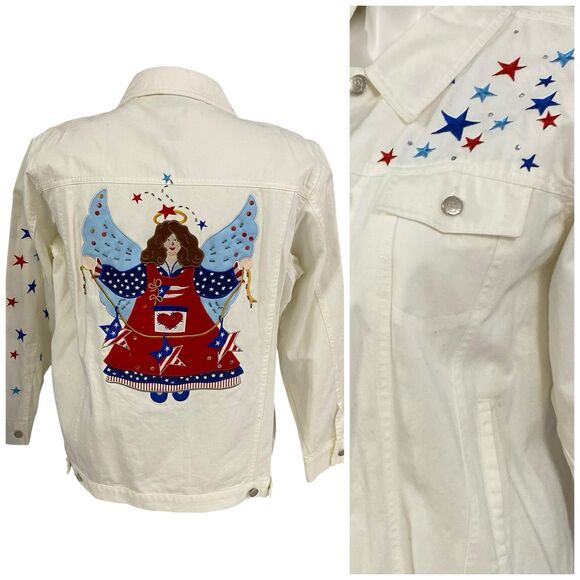 Quacker Factory Jacket Womens Sz Large Patriotic Angel Folk Art Americana Cotton - Picture 10 of 13